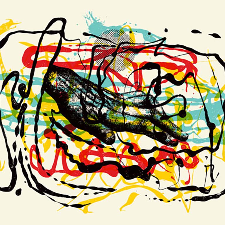 abstract painting splatters of black, red, blue, and yellow