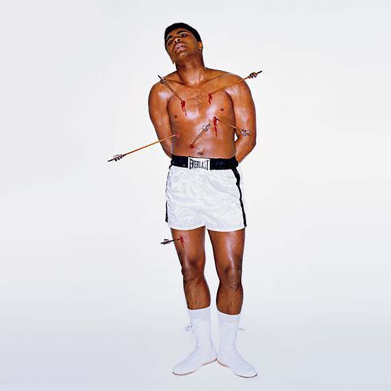 artwork of Muhammad Ali shot with wood arrows
