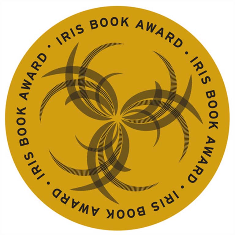 yellow circle with flourish illustration with text reading Iris Book Award
